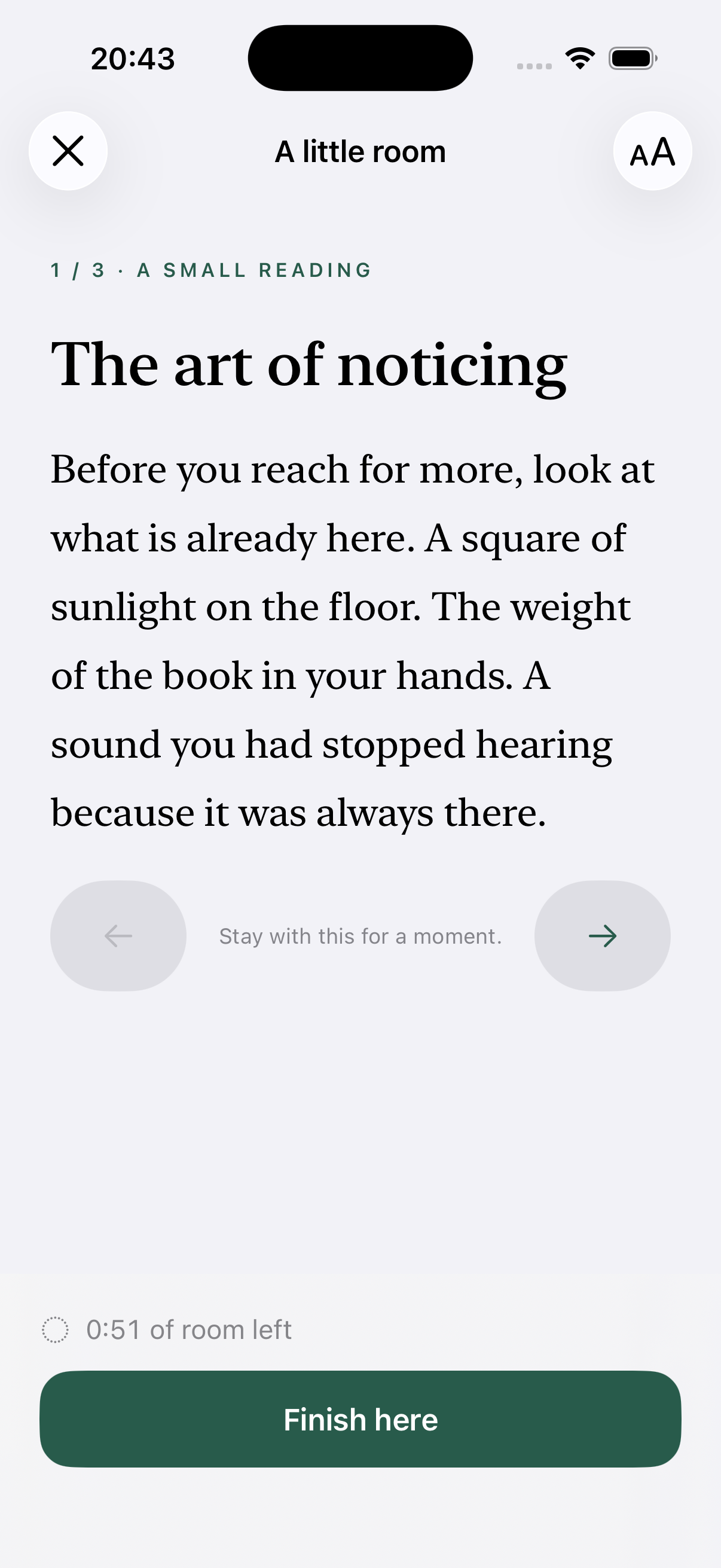 Margin reader showing an original passage, a one-minute timer, and Finish here button